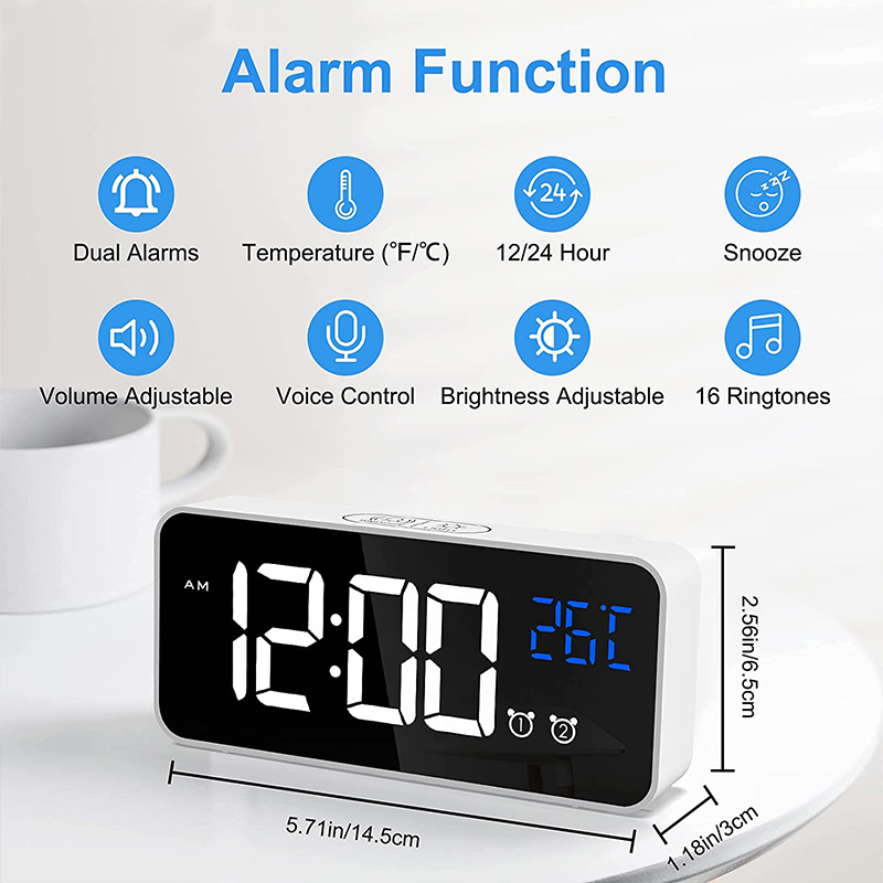 Mirror LED USB Charging Digital Clock with Dual Alarms Temperature Display - White