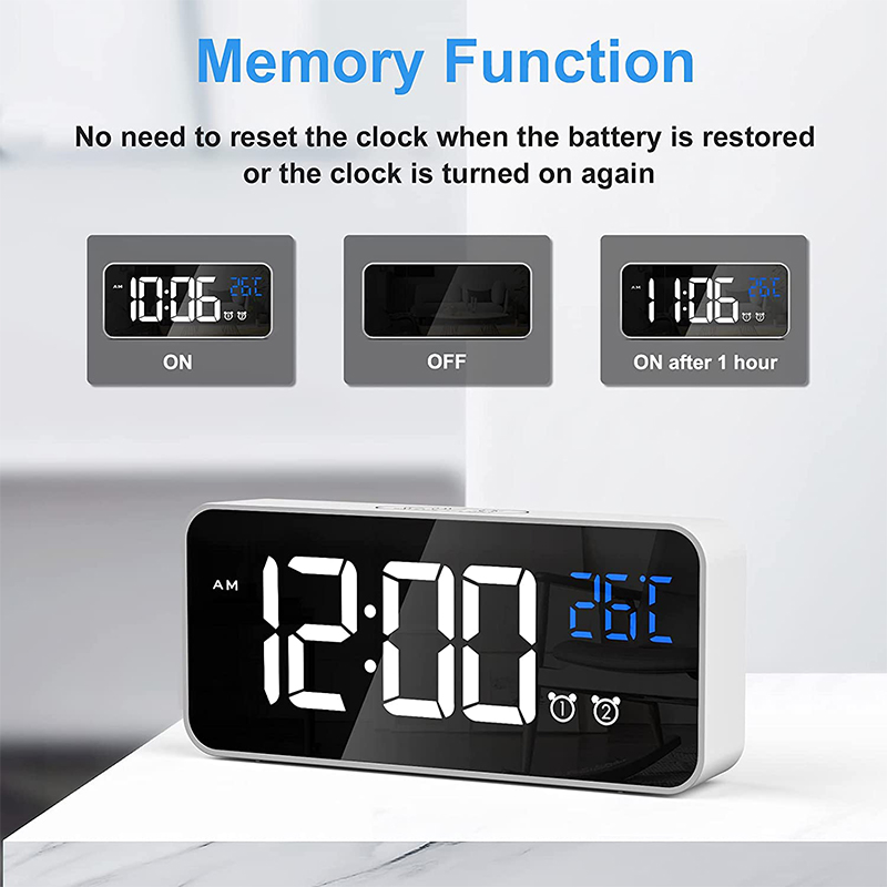 Mirror LED USB Charging Digital Clock with Dual Alarms Temperature Display - White
