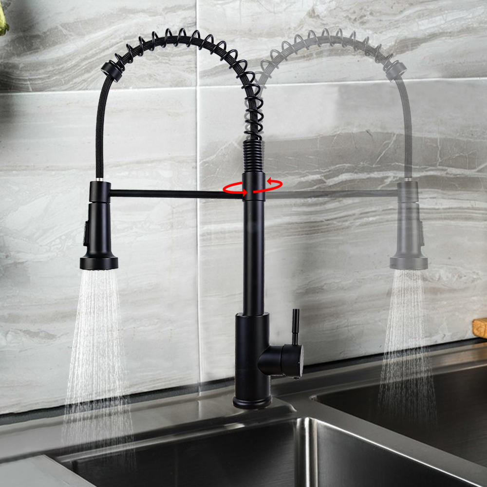 Monobloc Kitchen Sink Mixer Tap with Pull Out Hose Sprayer Single Lever - Black
