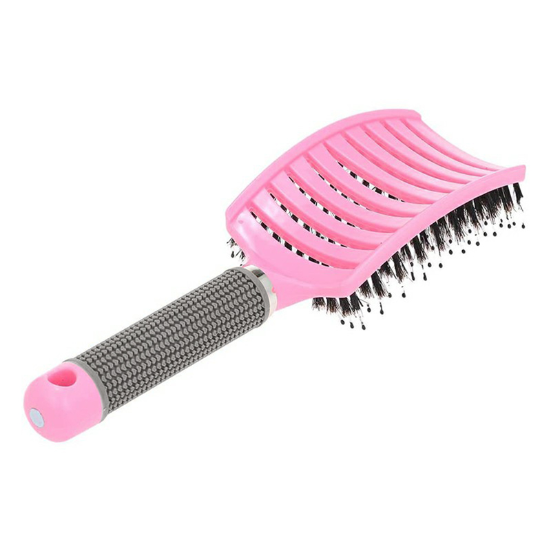 Natural Boar Bristle Detangling Nylon Brush Large Curved Curly Hair Styler - Pink