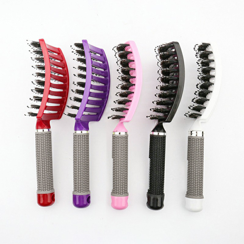 Natural Boar Bristle Detangling Nylon Brush Large Curved Curly Hair Styler - Pink