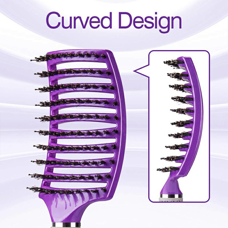 Natural Boar Bristle Detangling Nylon Brush Large Curved Curly Hair Styler - Purple