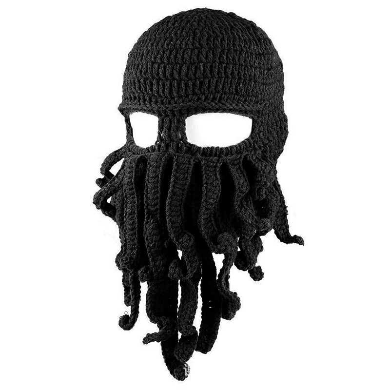 Octopus Beard Beanie Hat Warm Knit Funny Hat for Costume Party or Outdoor Activities - Black