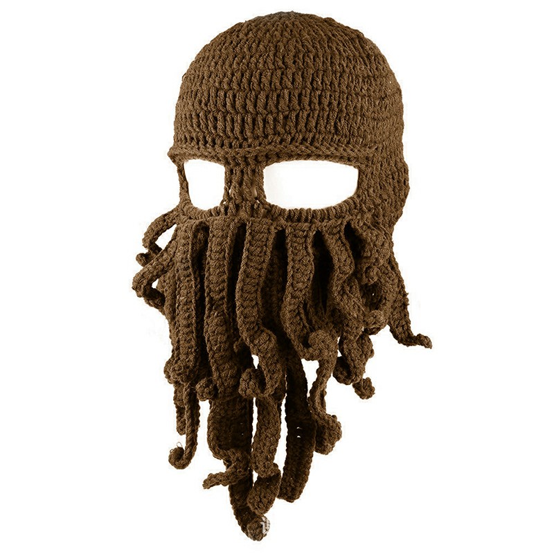 Octopus Beard Beanie Hat Warm Knit Funny Hat for Costume Party or Outdoor Activities - Brown