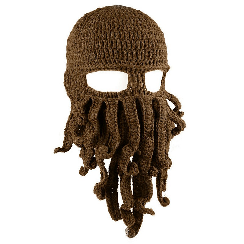 Octopus Beard Beanie Hat Warm Knit Funny Hat for Costume Party or Outdoor Activities - Brown