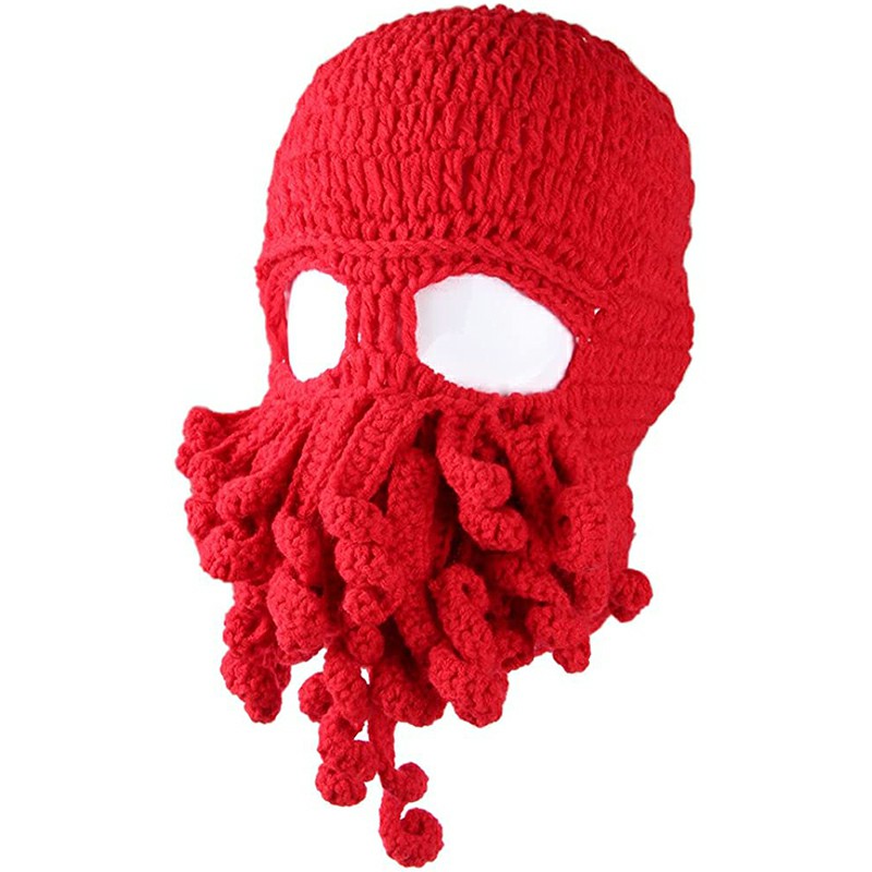 Octopus Beard Beanie Hat Warm Knit Funny Hat for Costume Party or Outdoor Activities - Red