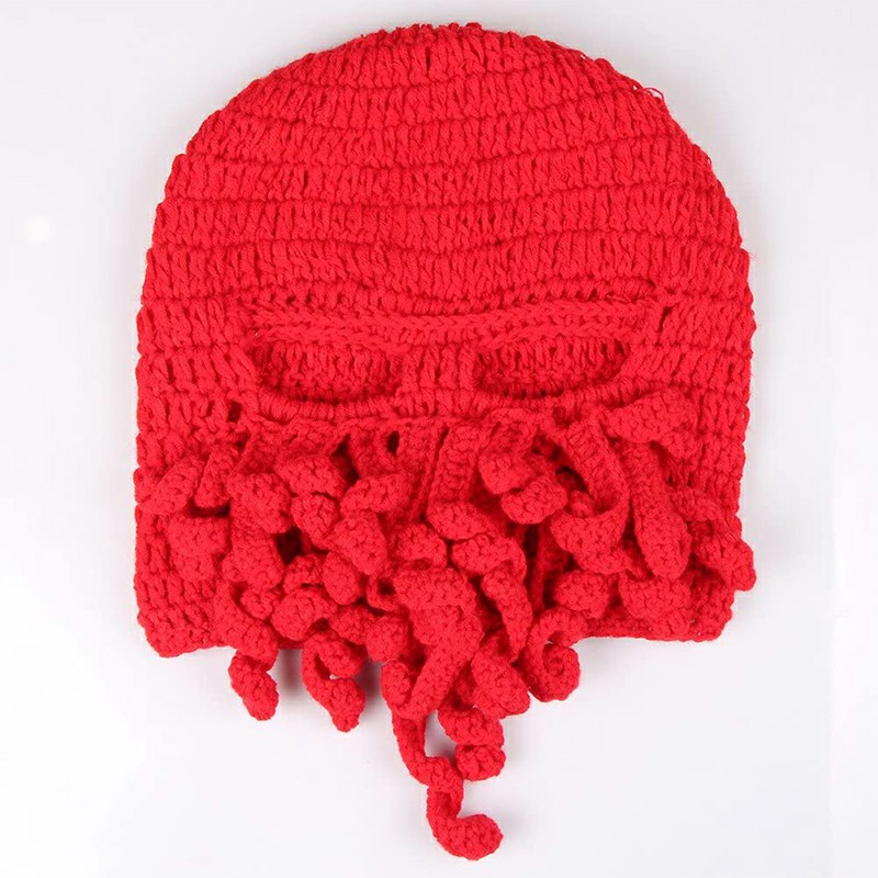 Octopus Beard Beanie Hat Warm Knit Funny Hat for Costume Party or Outdoor Activities - Red