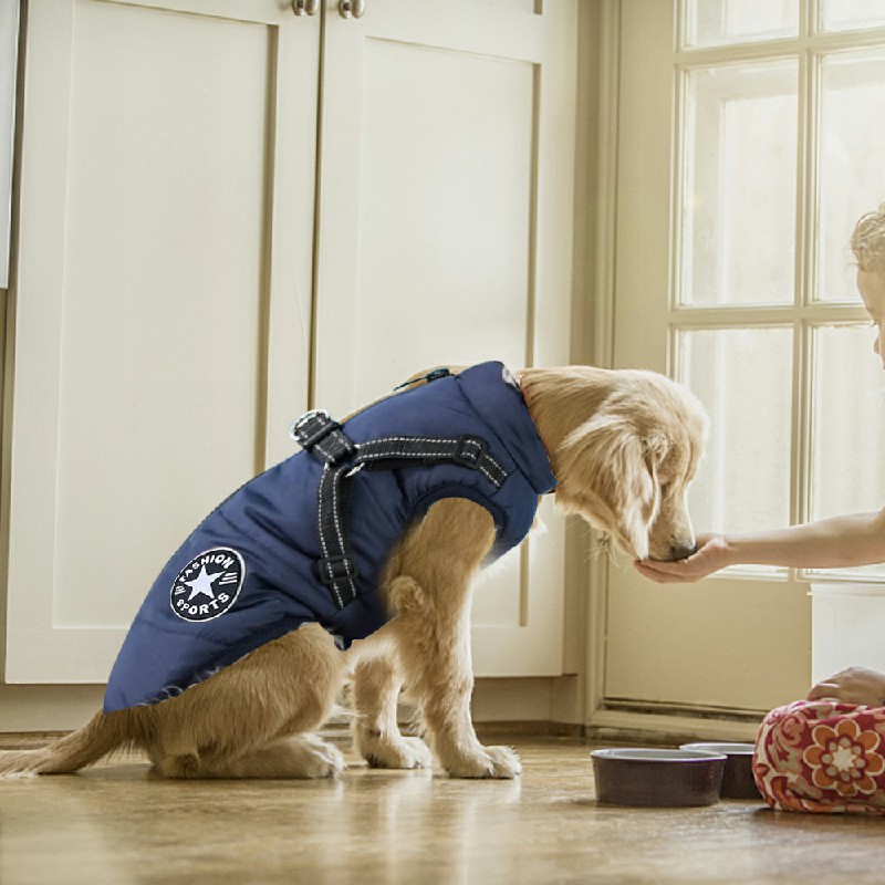 Pet Clothes Autumn Winter Warm Padded Coat Reflective Dog Vest Puppy Jacket with Harness - Blue 4XL
