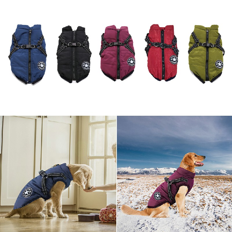 Pet Clothes Autumn Winter Warm Padded Coat Reflective Dog Vest Puppy Jacket with Harness - Blue 4XL