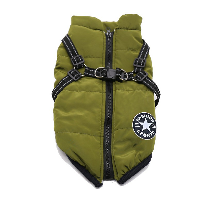Pet Clothes Autumn Winter Warm Padded Coat Reflective Dog Vest Puppy Jacket with Harness - Green 4XL