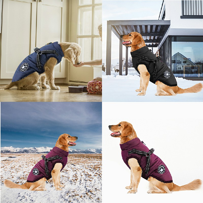 Pet Clothes Autumn Winter Warm Padded Coat Reflective Dog Vest Puppy Jacket with Harness - Purple 4XL
