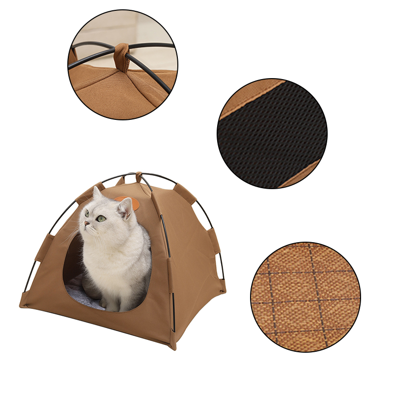 Pet Tent Cat Puppy Play Tent House with Warm Soft Bed Pad - Beige