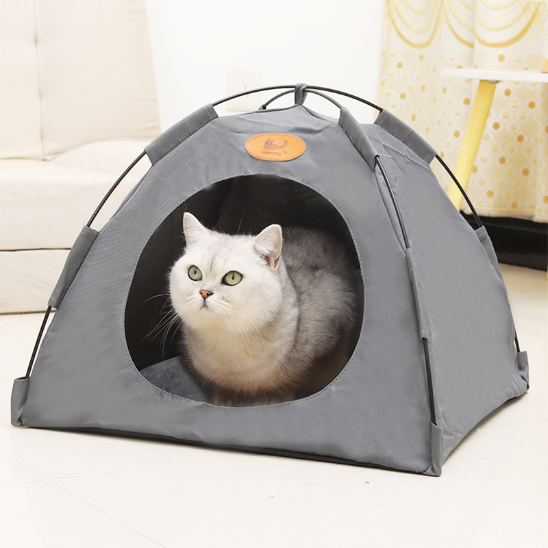 Pet Tent Cat Puppy Play Tent House with Warm Soft Bed Pad - Beige