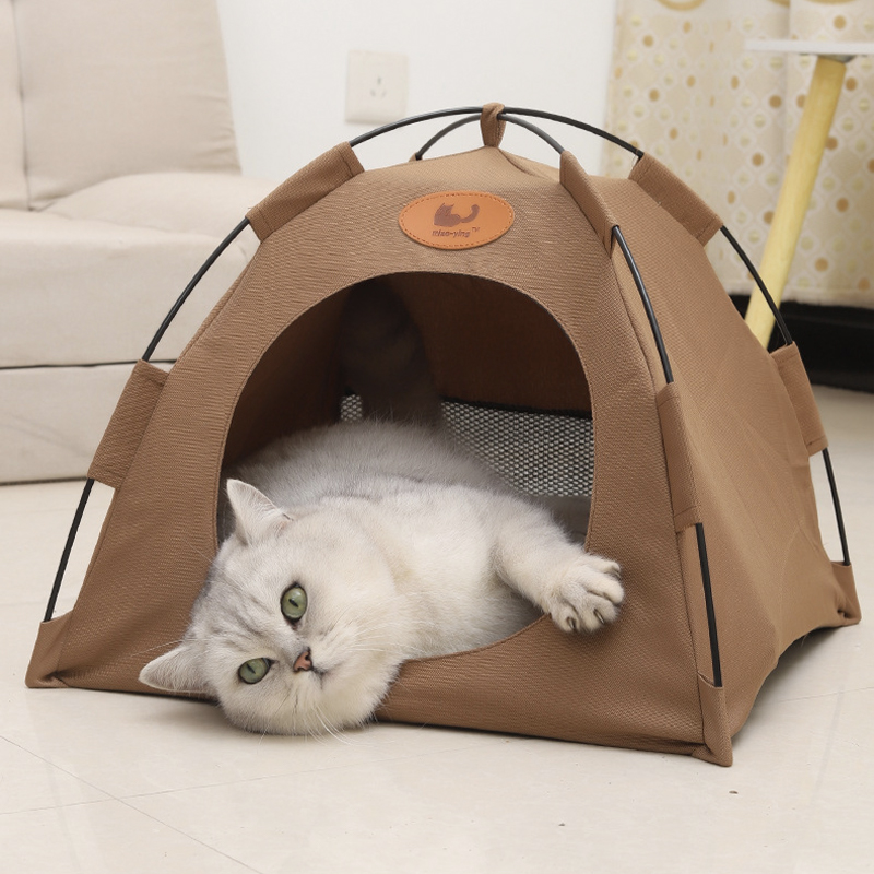 Pet Tent Cat Puppy Play Tent House with Warm Soft Bed Pad - Coffee