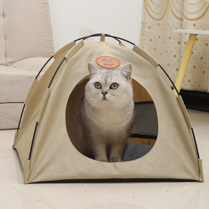 Pet Tent Cat Puppy Play Tent House with Warm Soft Bed Pad - Coffee