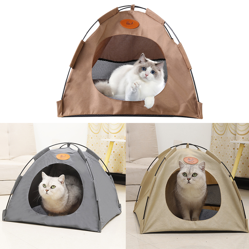 Pet Tent Cat Puppy Play Tent House with Warm Soft Bed Pad - Coffee