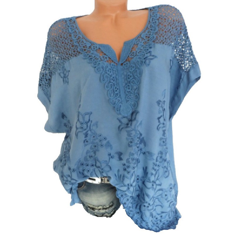 Plus Size Embroidered Short Sleeve Blouse Lace Shirt Casual V-Neck Tops for Women - 2XL Blue