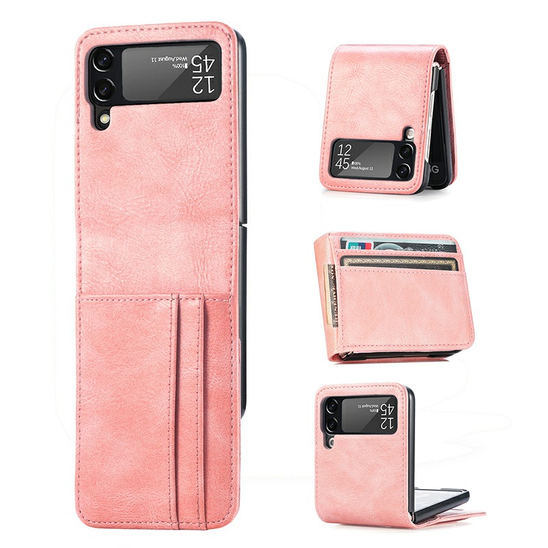 PU Leather Hybrid Hard PC Wallet Flip Case with Card Slots for Samsung Galaxy Z Flip 4 5G - Pink