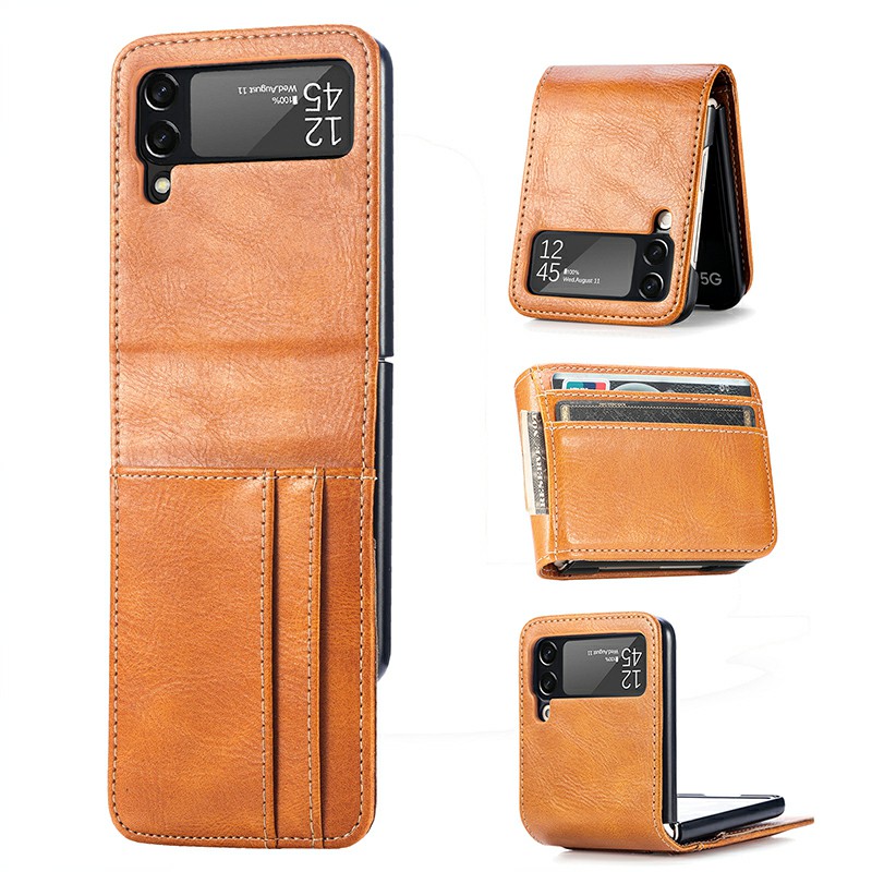 PU Leather Hybrid Hard PC Wallet Flip Case with Card Slots for Samsung Galaxy Z Flip 4 5G - Yellow