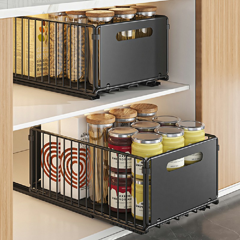 Pull Out Slide Drawer Organizer Tray Cabinet Rack Shelves for Kitchen - Black