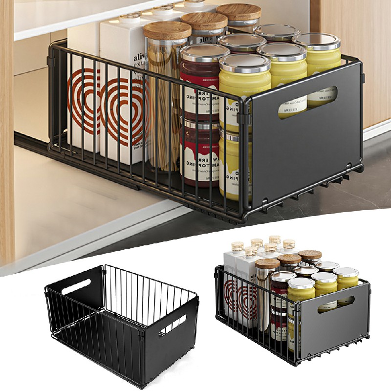 Pull Out Slide Drawer Organizer Tray Cabinet Rack Shelves for Kitchen - Black