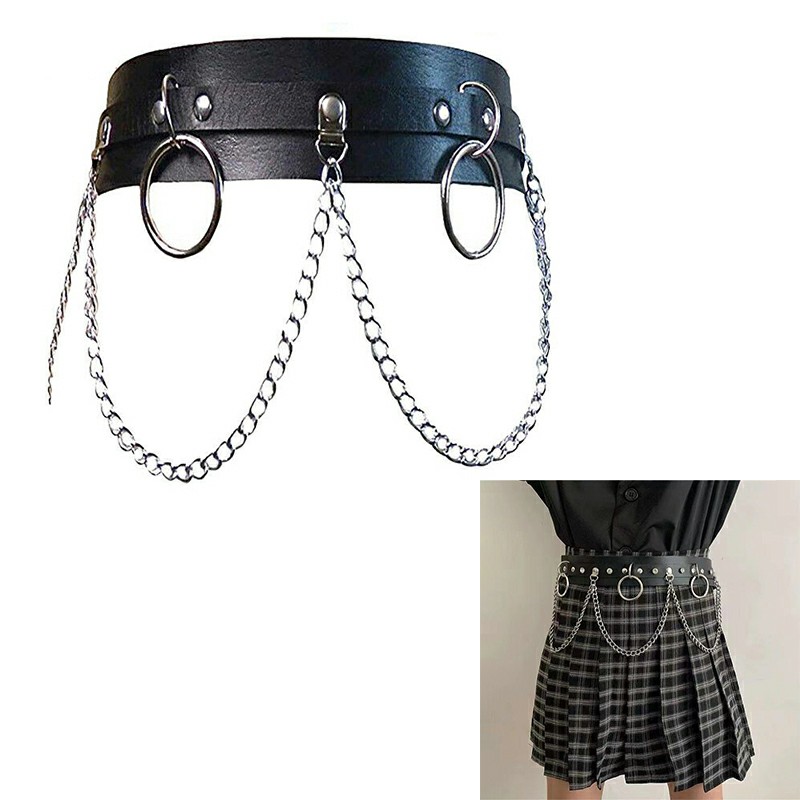 Punk Faux Leather Belt Adjustable Metal Chain Hoop Rings Waist Strap
