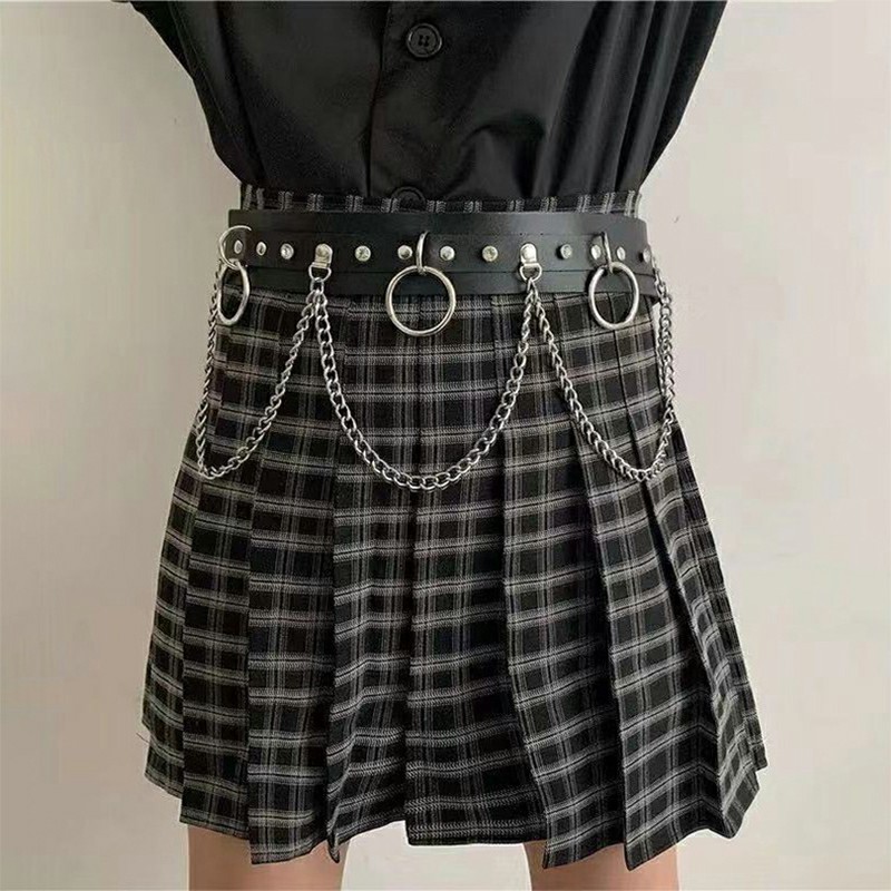 Punk Faux Leather Belt Adjustable Metal Chain Hoop Rings Waist Strap