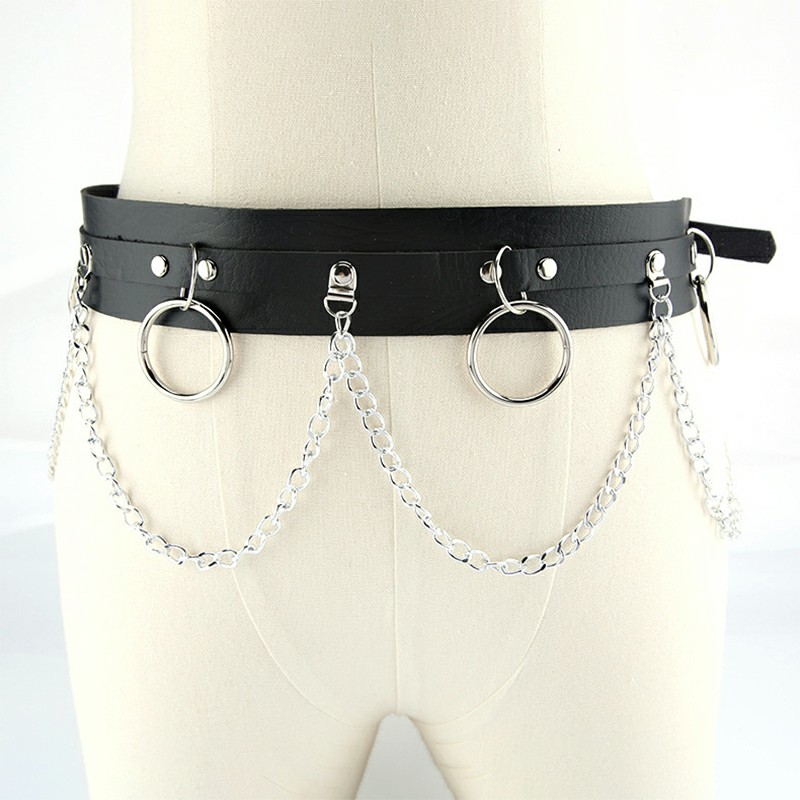 Punk Faux Leather Belt Adjustable Metal Chain Hoop Rings Waist Strap
