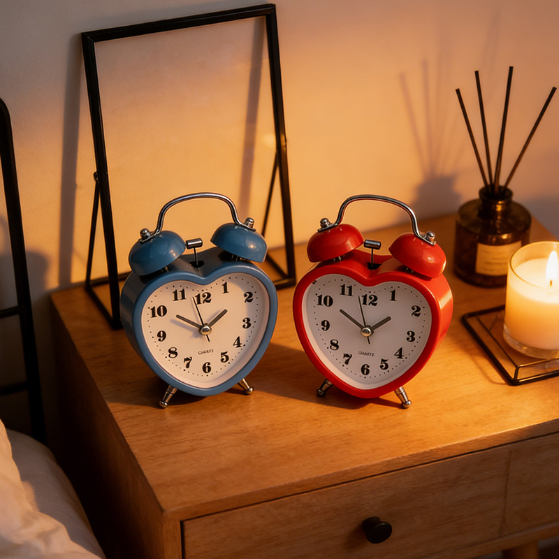 Retro Alarm Clock with Bell Heart Shape Bedroom Alarm Clock for Girls Boys Children Adults 8cm Random Colours
