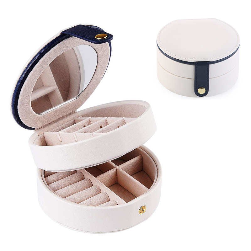 Round Jewelry Boxes Portable PU Leather Case 2 Layers Storage Organizer for Travel Home - White