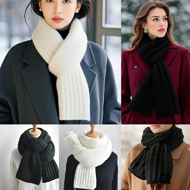 Scarf Women Winter Versatile Solid Color Thickened Woolen Knitted Scarf - Black