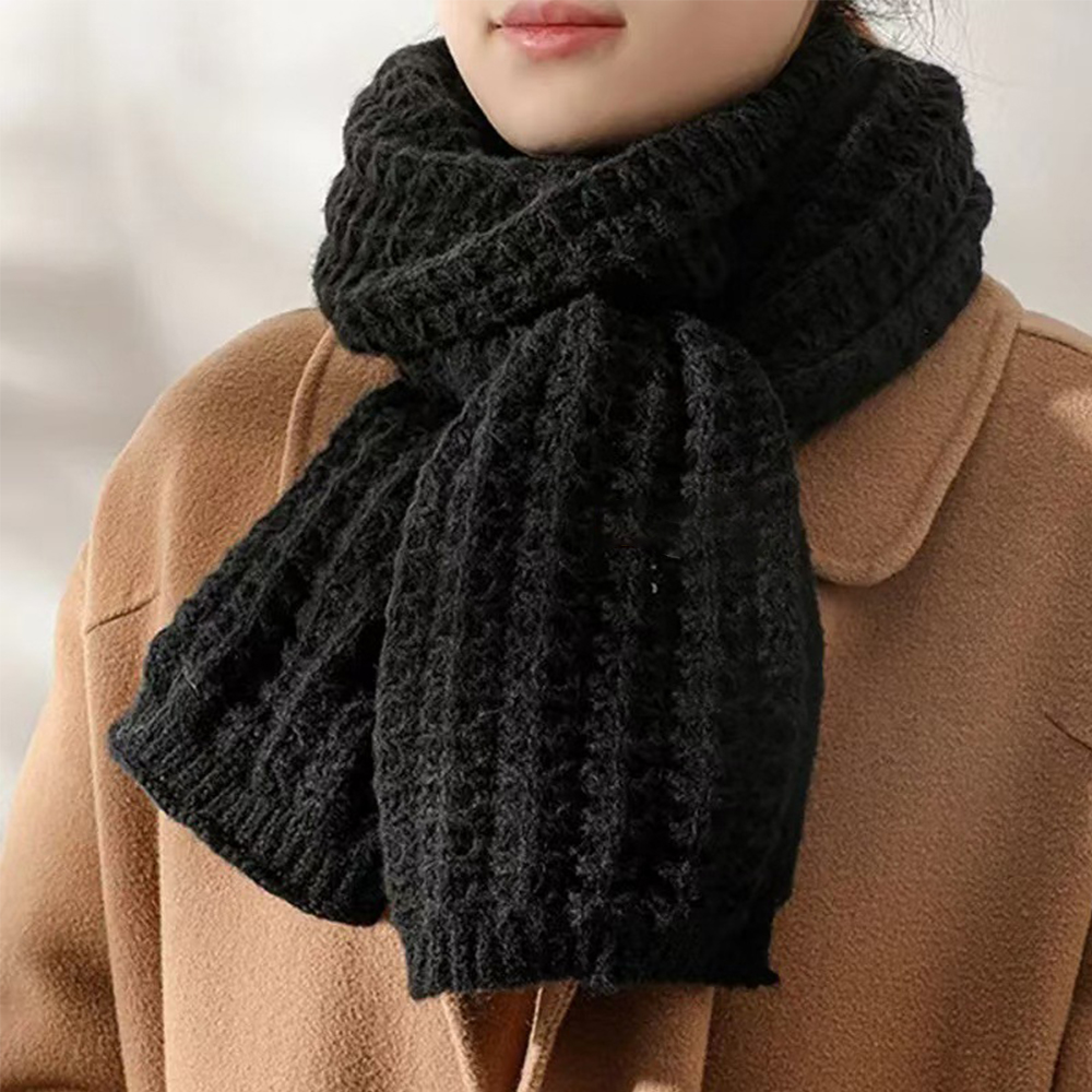 Scarf Women Winter Versatile Solid Color Thickened Woolen Knitted Scarf - Black