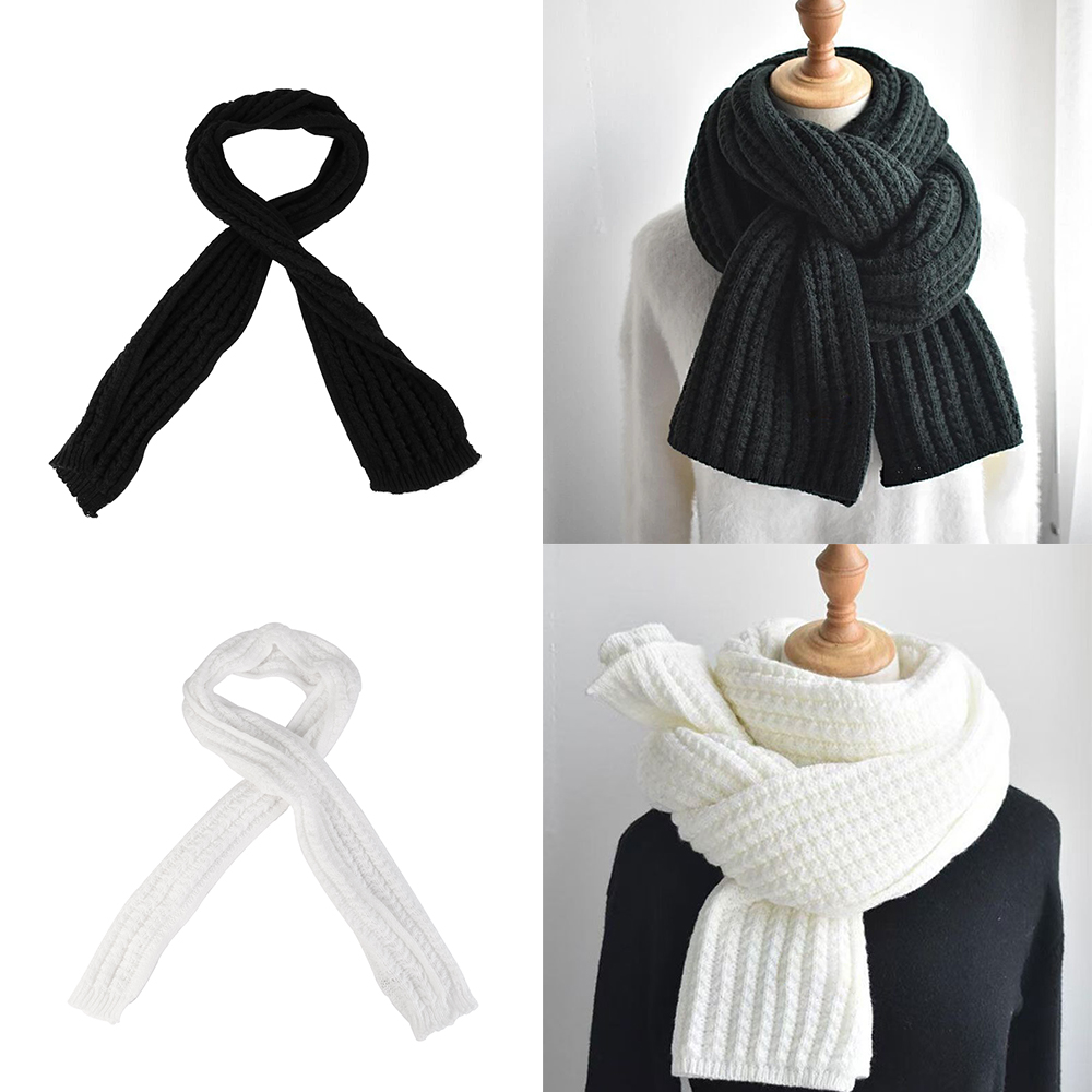 Scarf Women Winter Versatile Solid Color Thickened Woolen Knitted Scarf - Black