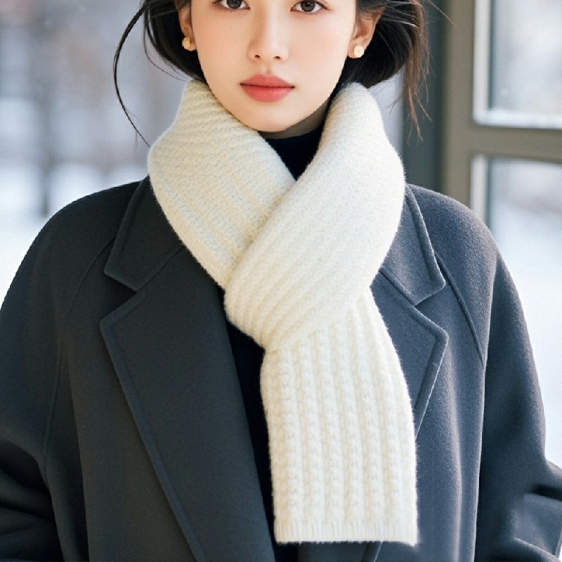 Scarf Women Winter Versatile Solid Color Thickened Woolen Knitted Scarf - White