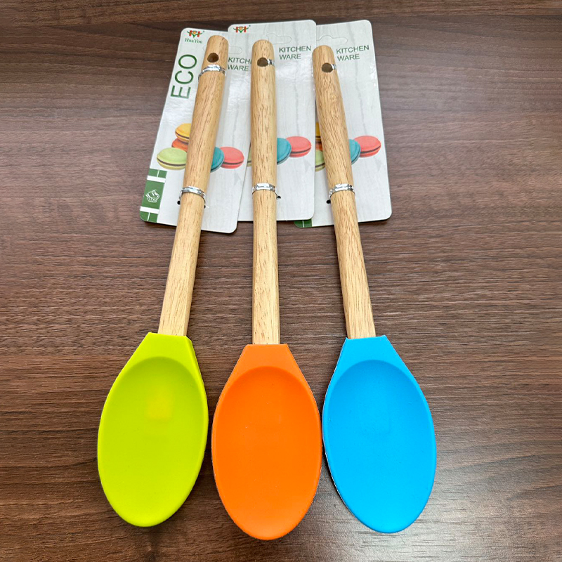 Silicone Large Spoon Stirrer with Wooden Handle for Kitchen - Random Colour