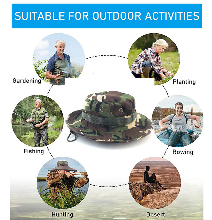Breathable Sun Hat Bucket Cargo Safari Bush Boonie Summer Fishing Hat for Outdoor Camping - Black