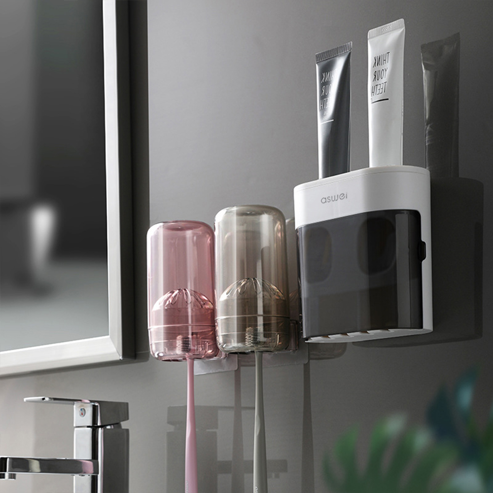 Wall-mounted Toothbrush Holder Double Toothpaste Dispenser with Wall Sticker