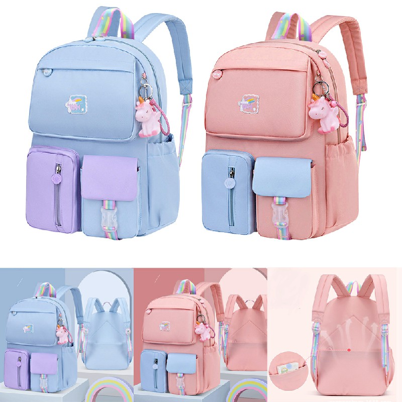 Water Resistant School Bags for Girls Primary School Backpack Schoolbag for Kids - Size L Pink+Blue