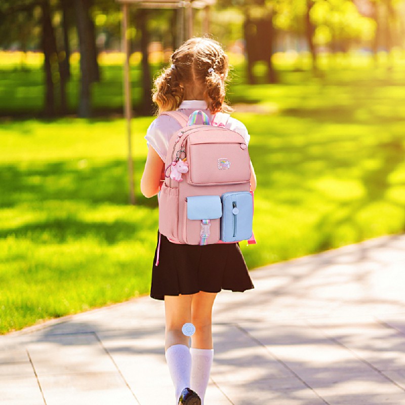 Water Resistant School Bags for Girls Primary School Backpack Schoolbag for Kids - Size L Pink+Blue