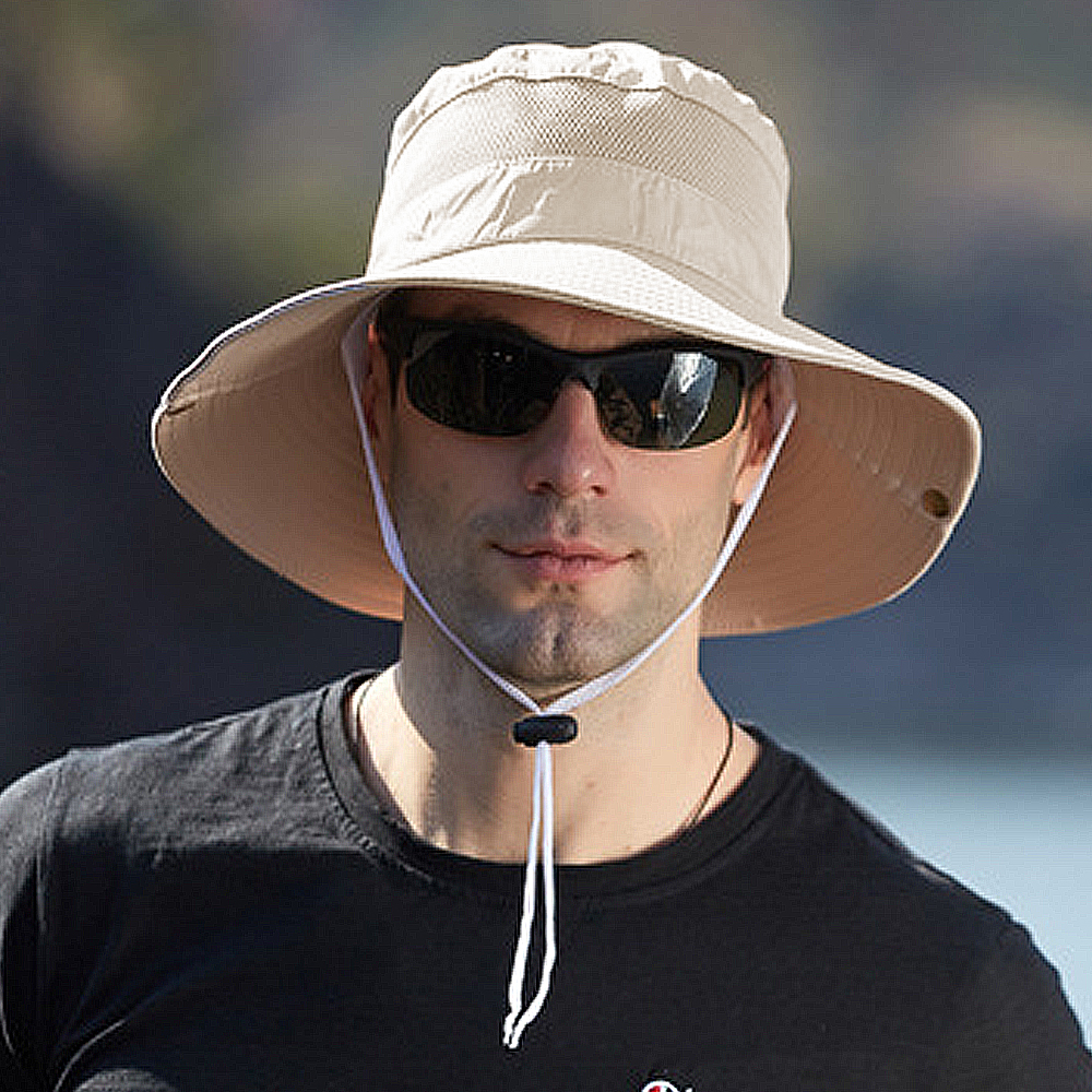Wide Brim Summer UV Protection Sun Hat Safari Boonie Hat Foldable Fishing Hat with Adjustable Chin Strap - Beige