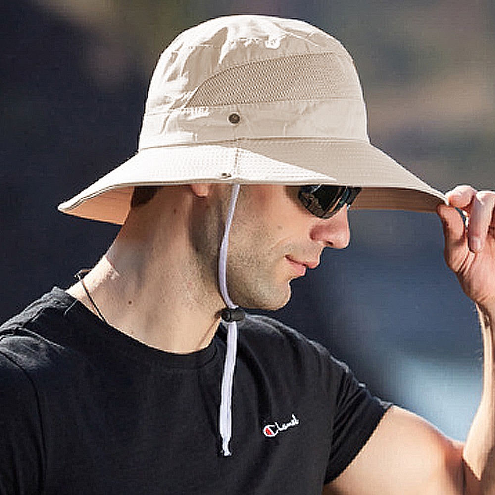 Wide Brim Summer UV Protection Sun Hat Safari Boonie Hat Foldable Fishing Hat with Adjustable Chin Strap - Beige