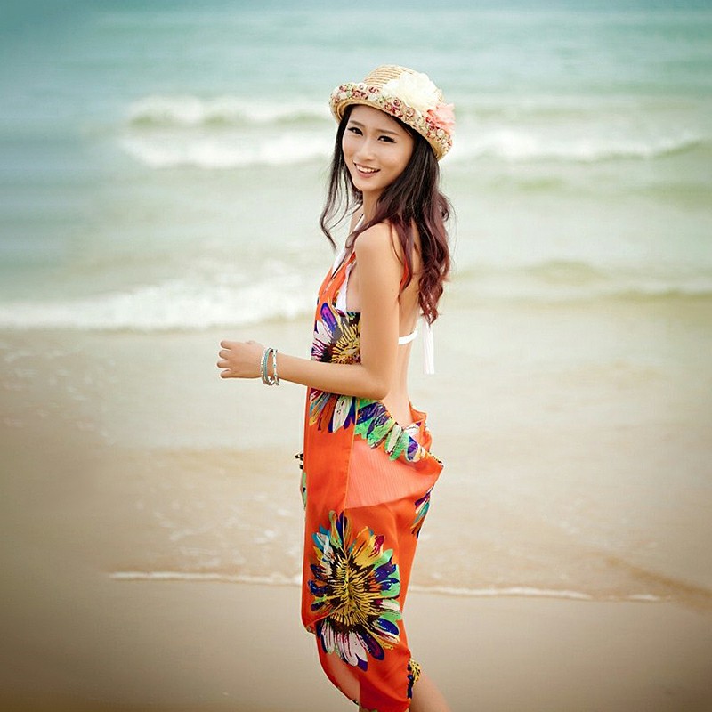 Women Bikini Cover Up Scarf Dress Swimsuit Sling Beach Chiffon Print Blouse - Orange