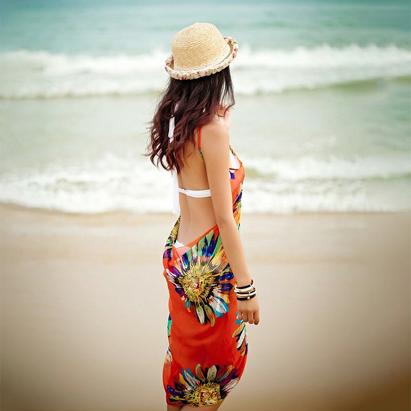 Women Bikini Cover Up Scarf Dress Swimsuit Sling Beach Chiffon Print Blouse - Orange