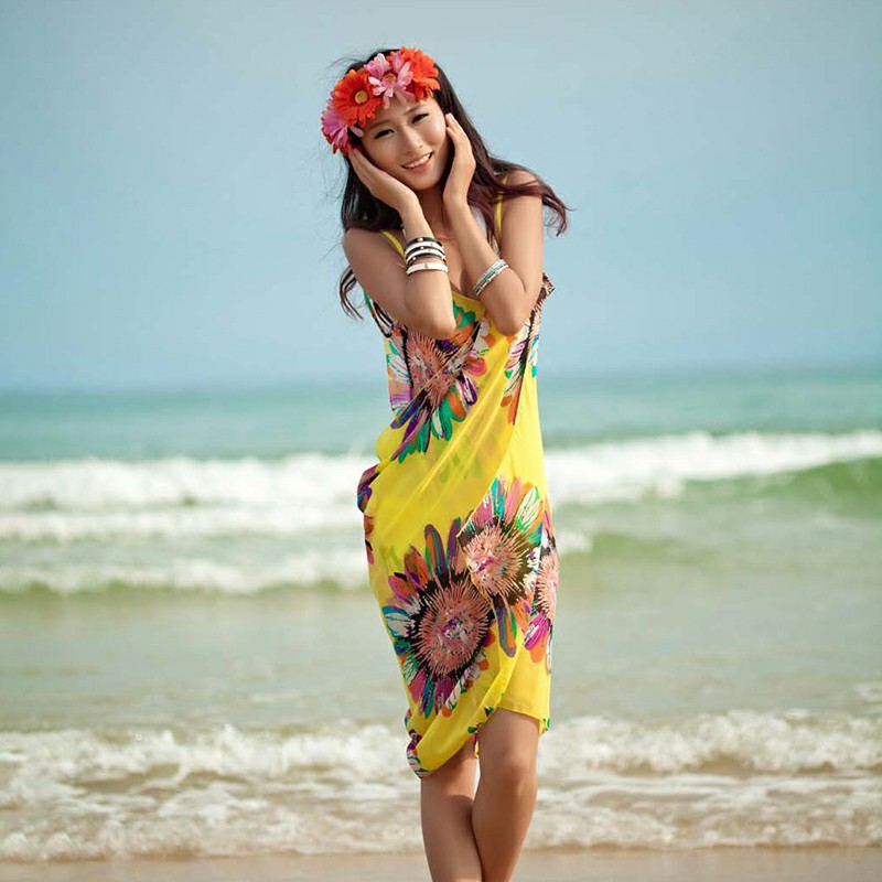 Women Bikini Cover Up Scarf Dress Swimsuit Sling Beach Chiffon Print Blouse - Yellow