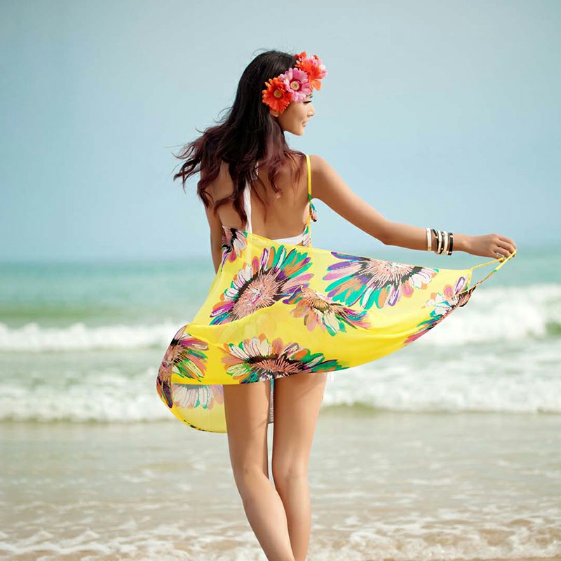 Women Bikini Cover Up Scarf Dress Swimsuit Sling Beach Chiffon Print Blouse - Yellow