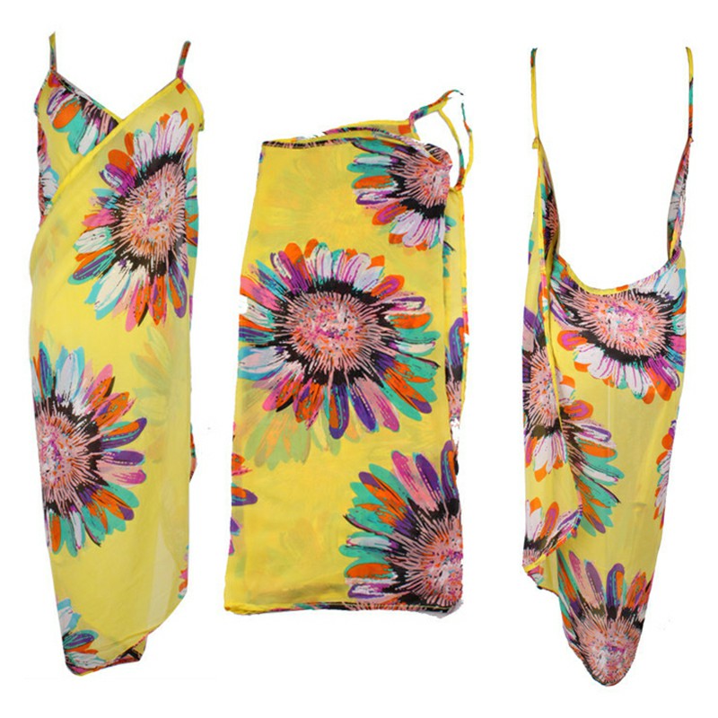Women Bikini Cover Up Scarf Dress Swimsuit Sling Beach Chiffon Print Blouse - Yellow