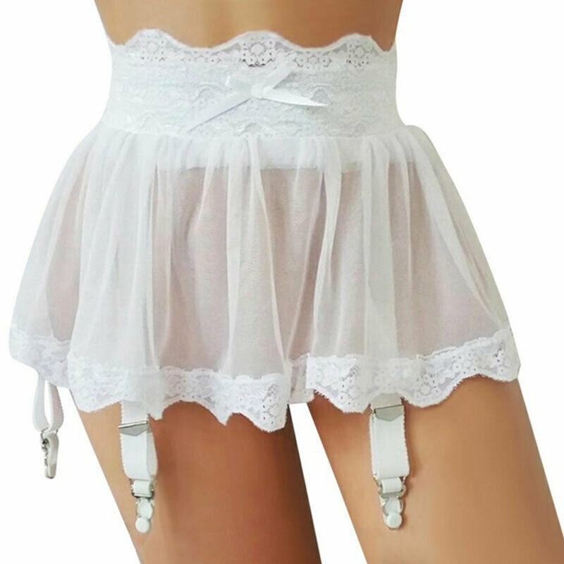 Women Lingerie Lace Up Mini Skirt with Garter Belt Underwear Nightwear - White XL