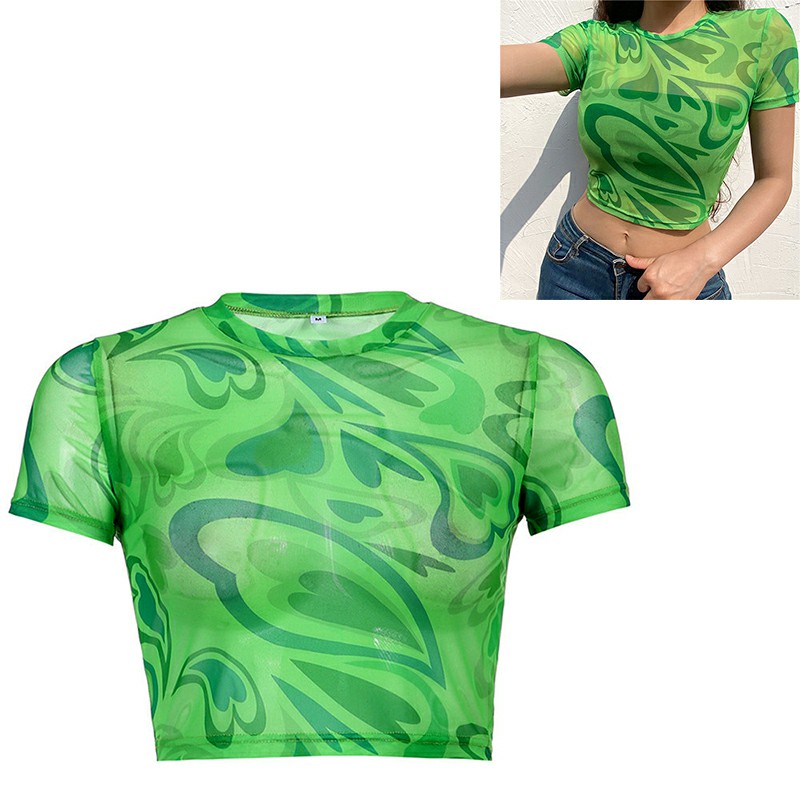 Girls Love Heart Printed Basic Short Sleeve Scoop Neck Crop Top - Green M