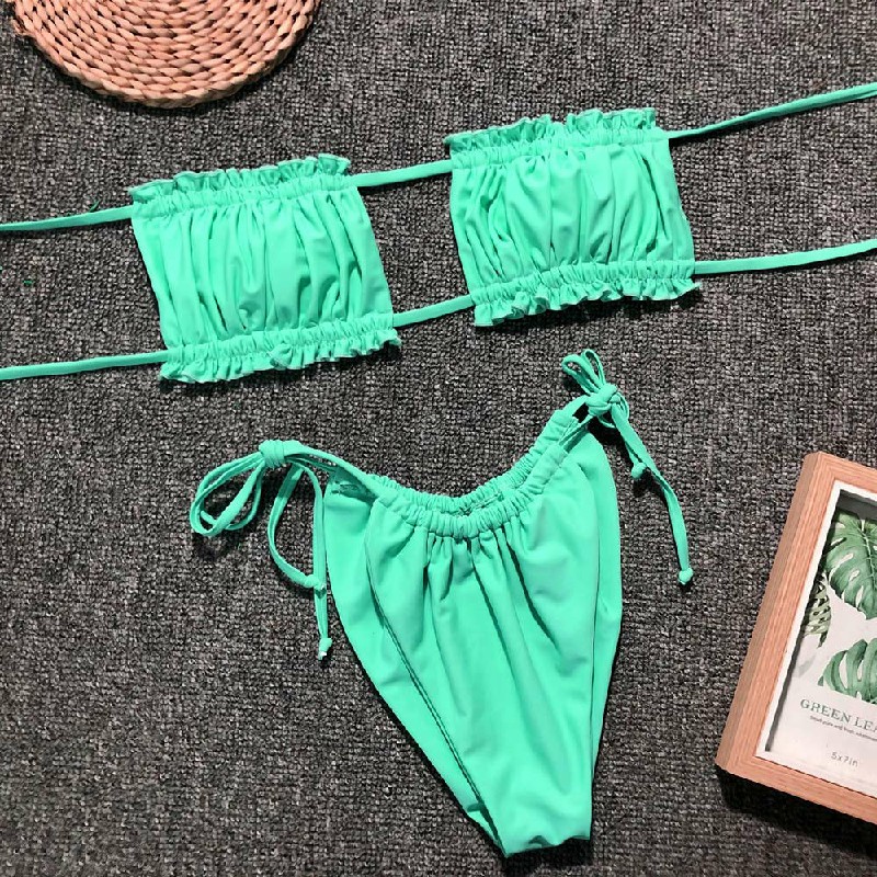 Womens Strapless Bandeau Ruffle Bikini Top Thong Set Swimwear Swimsuit Bathing - Green