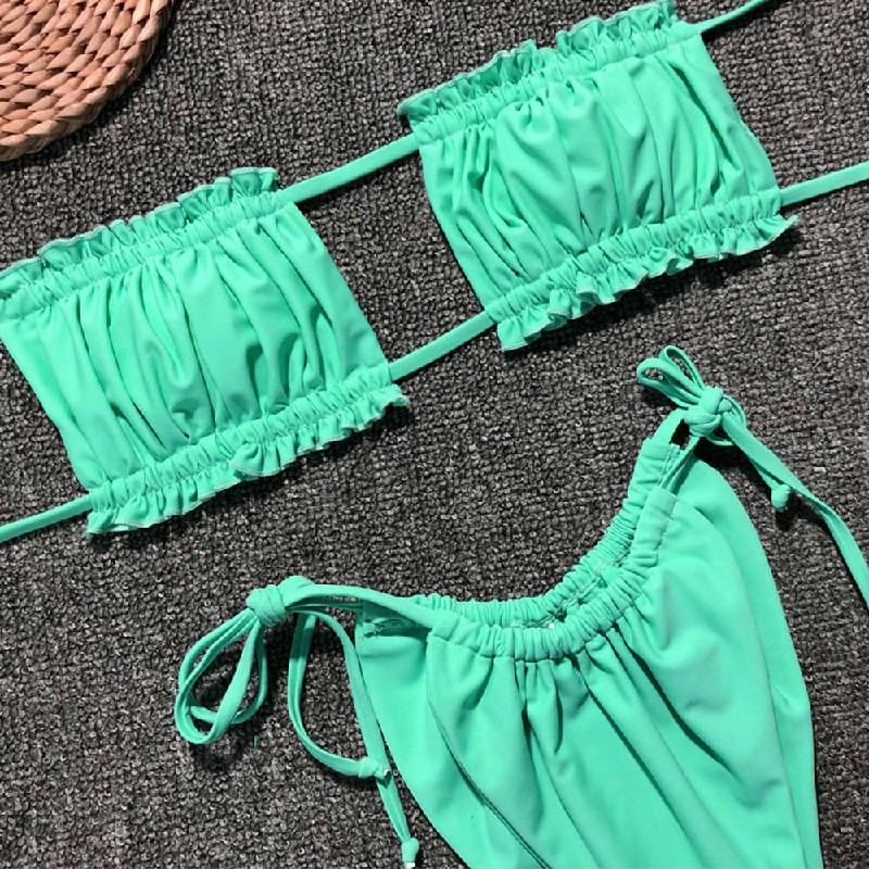 Womens Strapless Bandeau Ruffle Bikini Top Thong Set Swimwear Swimsuit Bathing - Green